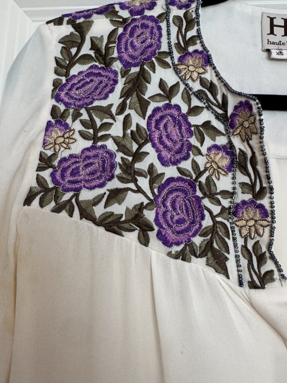 Haute Hippie Cream Purple Floral Embroidered Silk Blouse XS — As Is - Picture 2 of 14